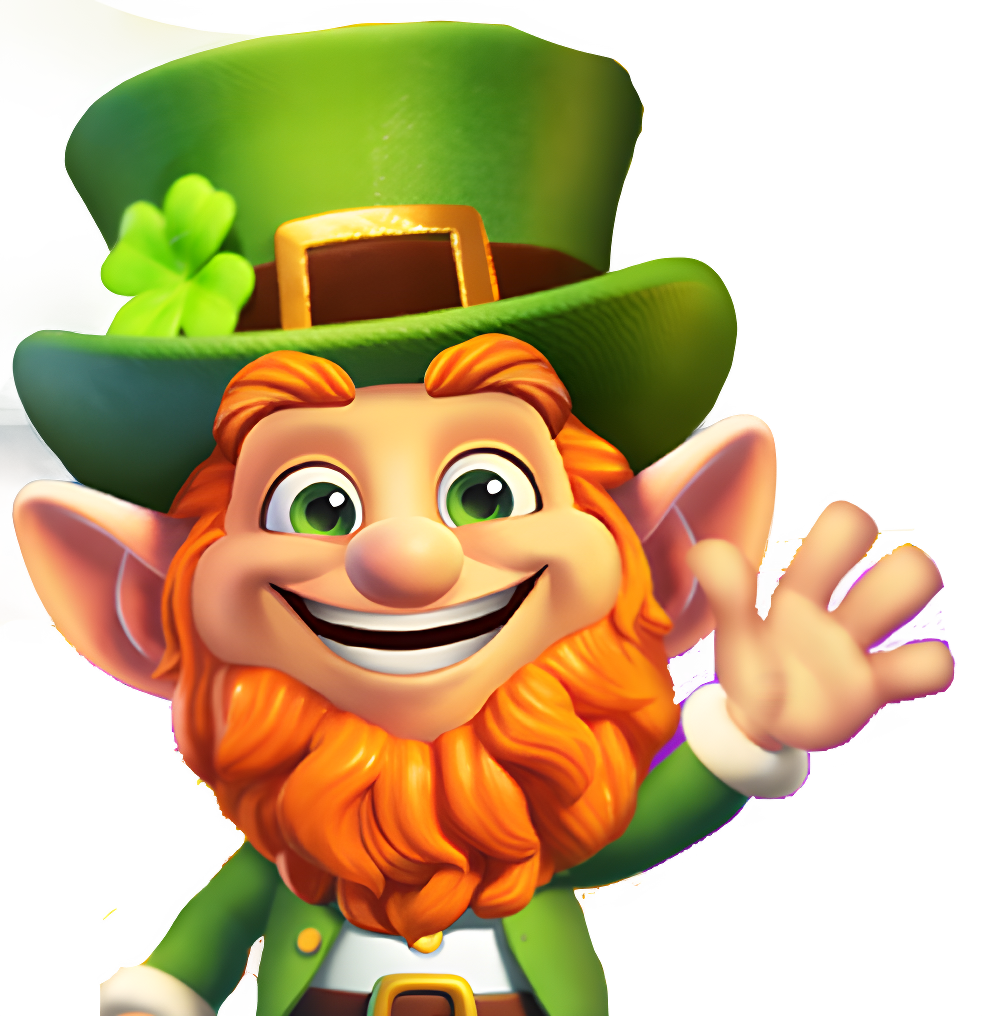 A friendly leprechaun character waving.